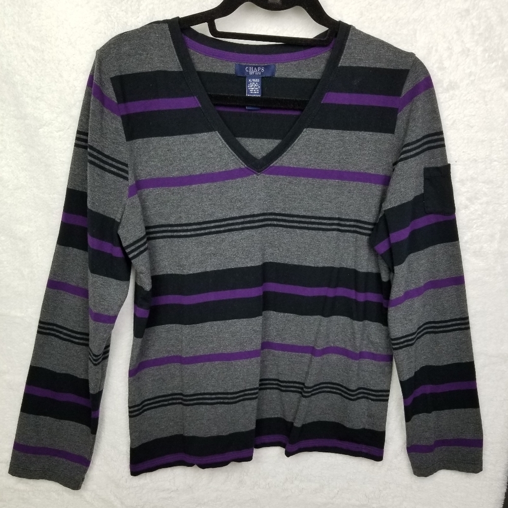 ❤ Women's Chaps V-Neck Strip Sweater Size XL